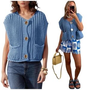 Chunky Knit Sleeveless Cropped Cardigan Vest with Large Gold Buttons and Pockets